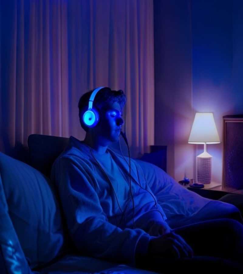 asmrgay沉浸式ASMR体验场景：一位青年男性在深夜卧室中戴着高端耳机闭目聆听，宝石蓝紫色灯光渲染空间，画面氛围私密而温柔