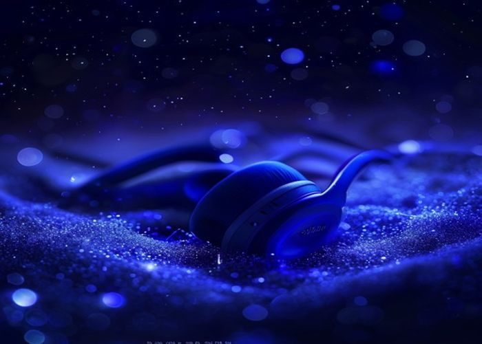 asmrgay深夜低语夏声系列封面：蓝紫色星空下耳机轮廓，声波粒子在夜空中流动，营造深夜私密陪伴氛围