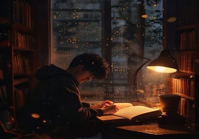 asmrgay雨夜书房场景：温暖灯光下翻书声与雨声交织，角色扮演音频封面，感官放松氛围浓郁
